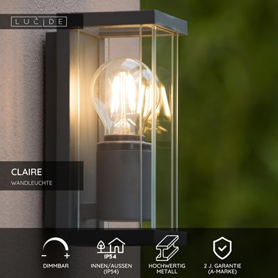 Lucide CLAIRE - Wandleuchte Innen/Außen - 1xE27 - IP54 - Anthrazit